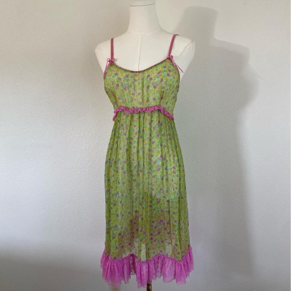 RARE Vintage Y2K Anna Sul for Victoria's Secret Silk Green Pink Floral Slip Dres